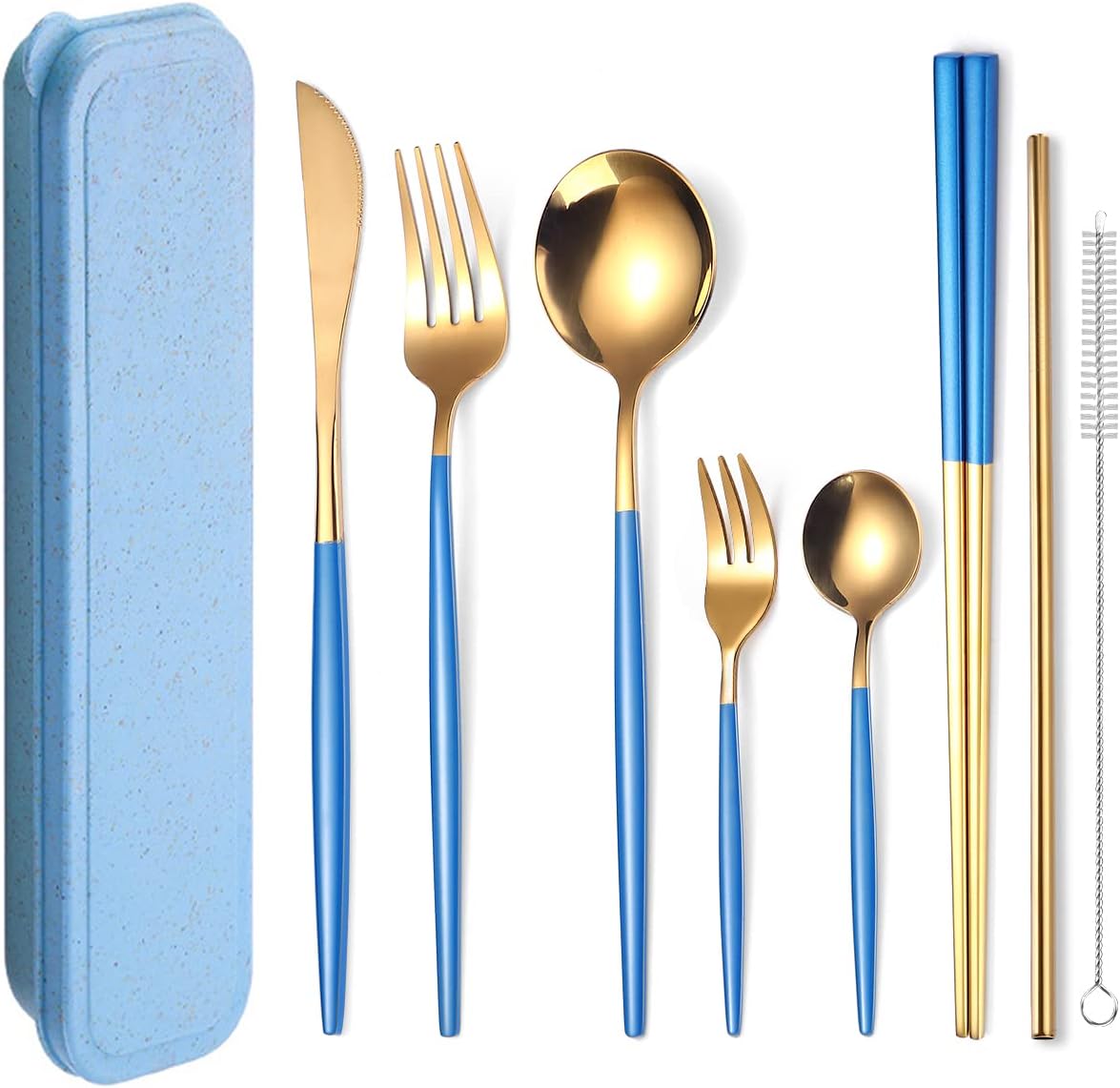 AARAINBOW 8 Pieces Stainless Steel Flatware Set Portable Reusable Cutlery Set Travel Utensils Set Including Chopsticks Knife Fork Spoon Straws Cleaning Brush Dishwasher Safe (Pink Golden)