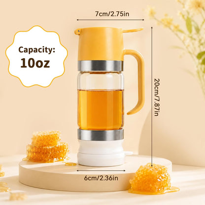 Honey Dispenser No Drip, Glass Honey Dispenser with Stand, 10oz Borosilicate Mess-Free Honey Jar with Ergonomic Handle, Precision Pouring Container for Honey, Maple Syrup, Chocolate Syrup (Black)