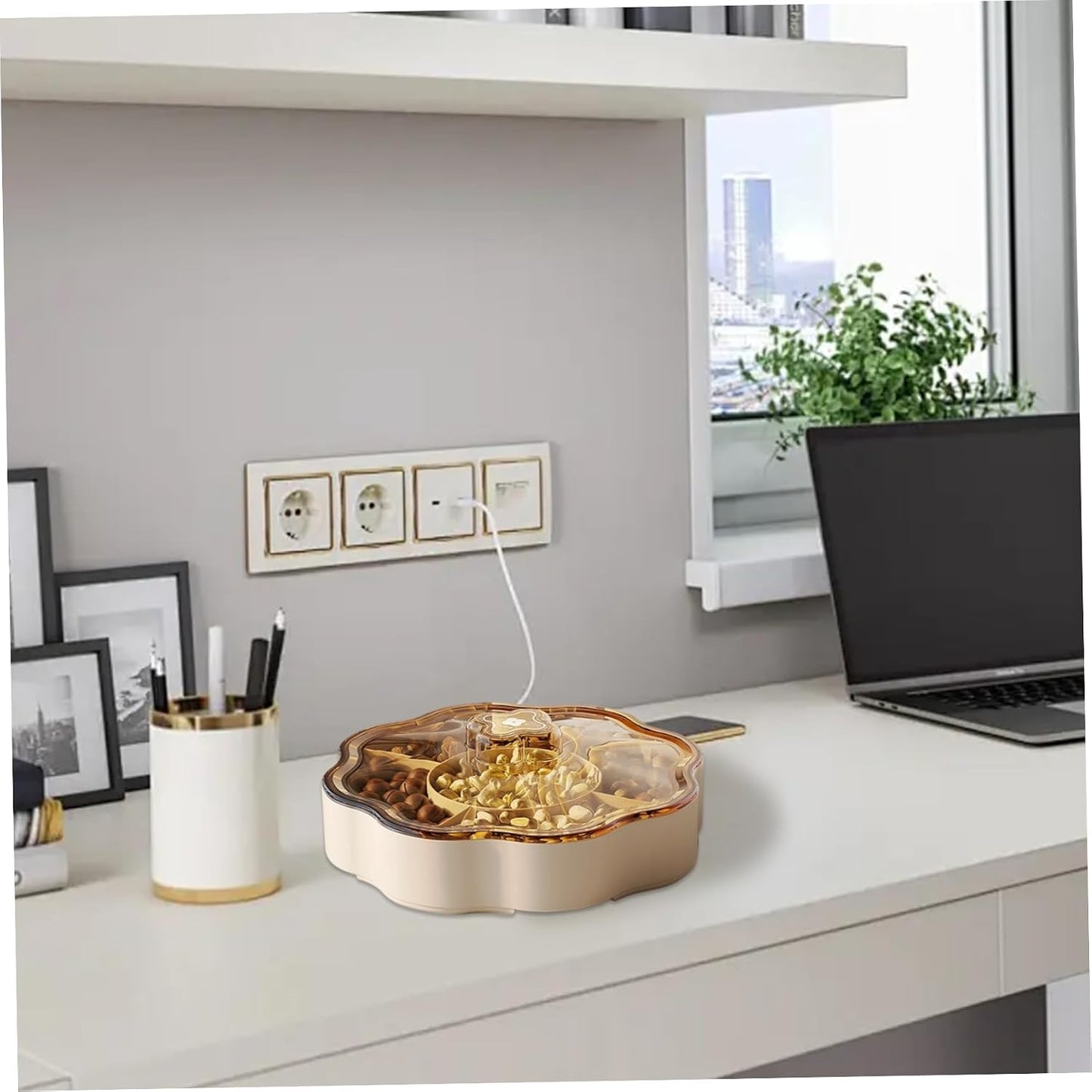 Dry Fruit Tray, 5 Compartments Relish Tray with Lid Round Plastic Serving Dishes for Nut, Snack, Fruit, Candies, Cookie Home, Office 9.5x9.5x3.4 inch