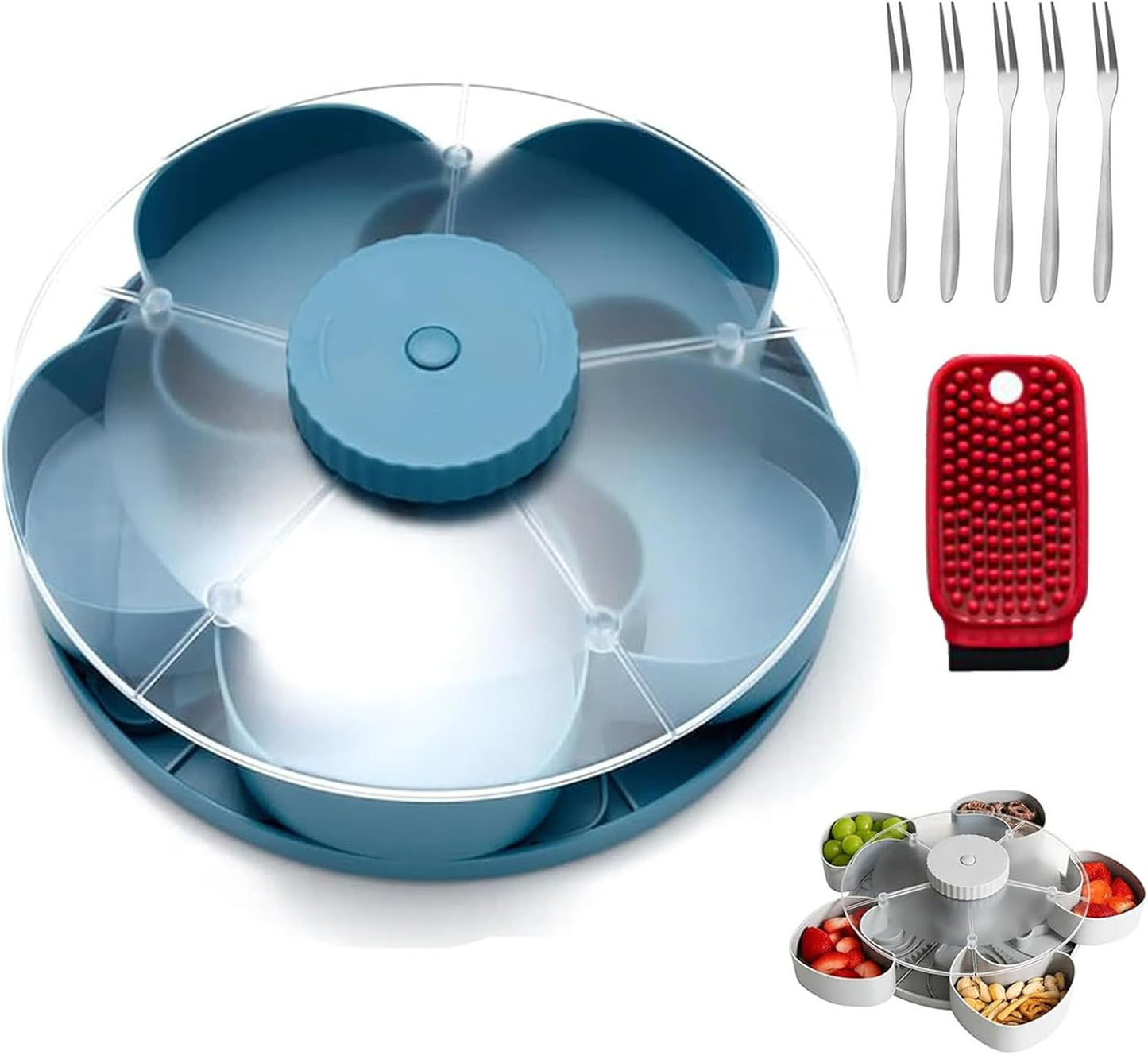 Divided Serving Tray That Spins – Perfect for Snacks, Dips & Party Appetizers, Portable Rounded Veggie Tray with Rotating Cover, Rotating Snack Box Container with Lid (Pink)