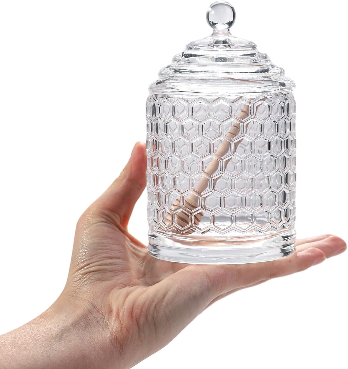 Honey Jars,9 oz Clear Glass Honey Pot Set with Dipper and Lid - Glass Honey Dispenser,Syrup Jar,Containers for Kitchen - Honeypot with Dipper Sticks - Honey Containers (Hexagon)