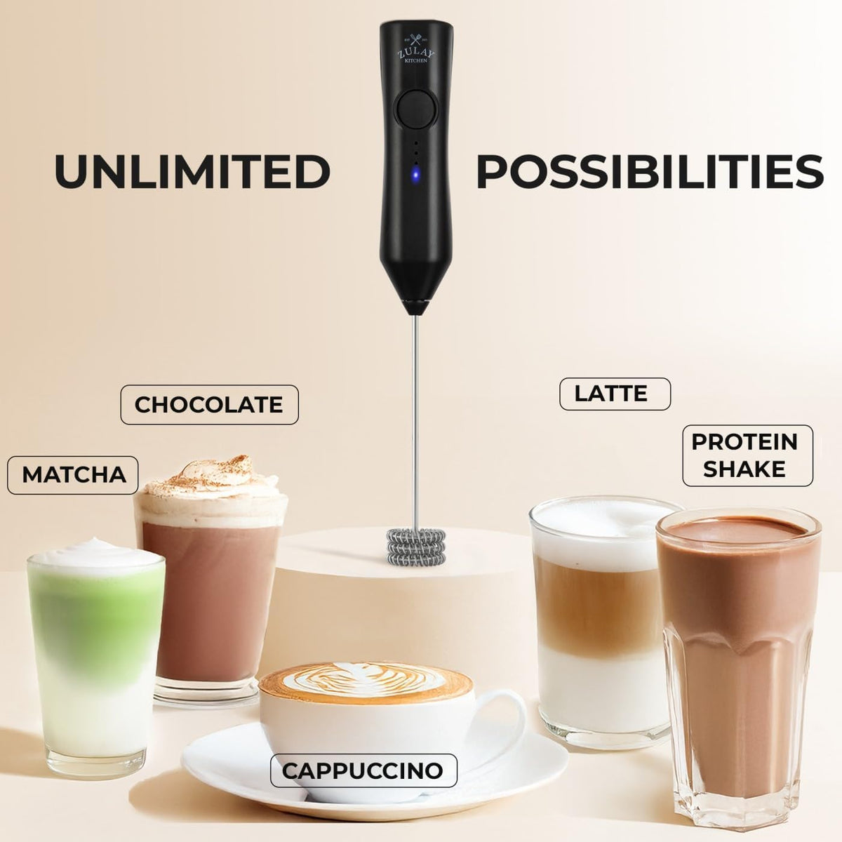Zulay Kitchen Rechargeable Milk Frother Handheld - Frother Wand, Drink Mixer, Electric Whisk Frother, for Cappuccinos, Matcha & Protein Powder - Dynamic 3 Whisk, 3 Speed 500mAh Black - Colors A