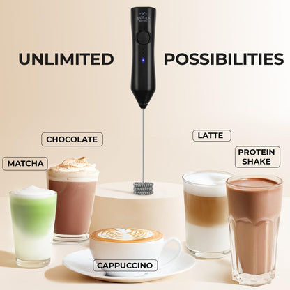 Zulay Kitchen Rechargeable Milk Frother Handheld - Frother Wand, Drink Mixer, Electric Whisk Frother, for Cappuccinos, Matcha & Protein Powder - Dynamic 3 Whisk, 3 Speed 500mAh Black - Colors A