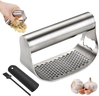Stainless Steel Garlic Presser, Garlic Press Rocker Heavy Duty Stainless Steel Garlic Mincer, Garlic Chopper with Peeler And Cleaning Brush for Smash Garlic Kitchen Tools (A)