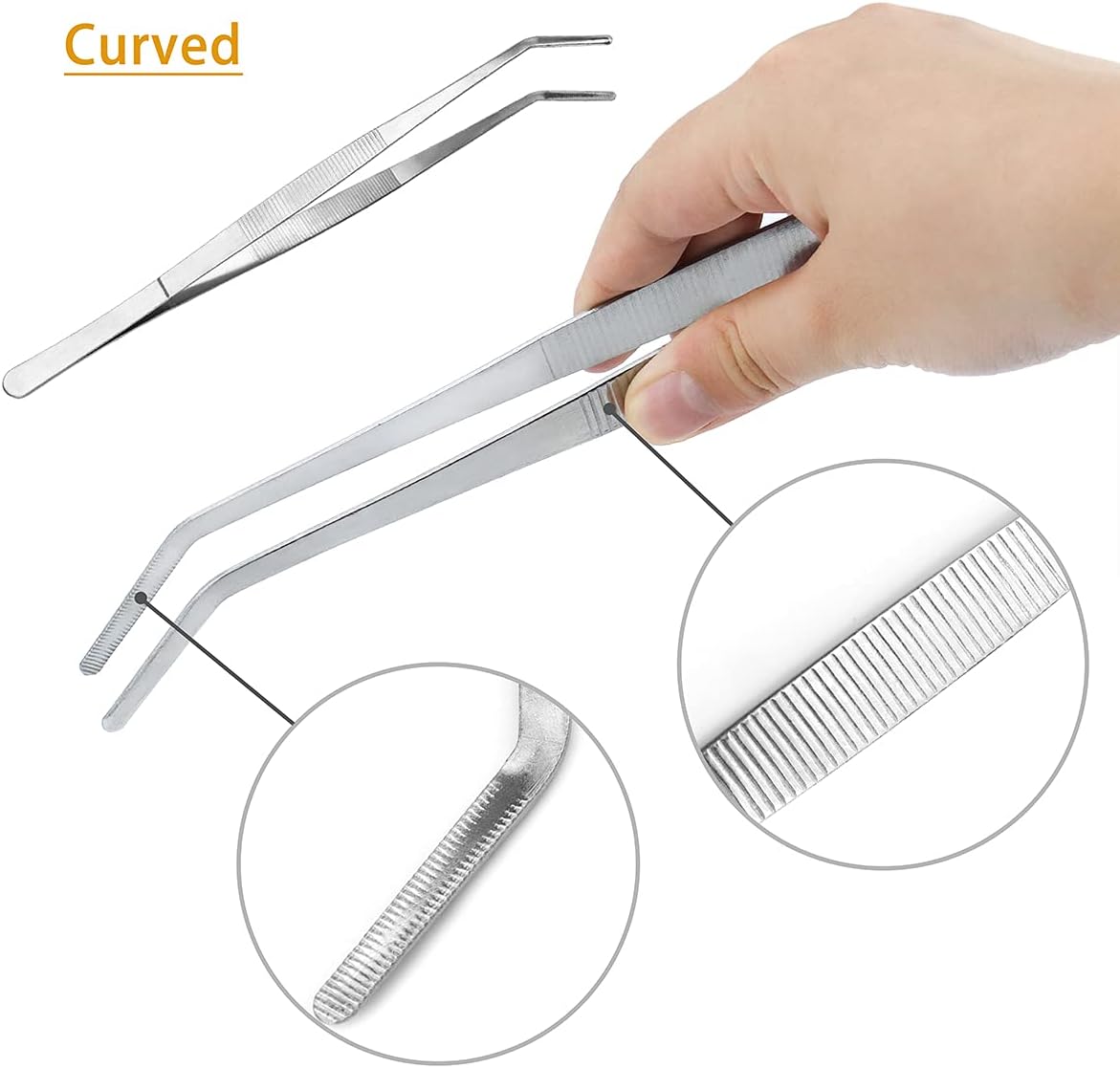 Kitchen Long Tweezers Set, LEEFONE 2 PCS 12 Inch Stainless Steel Food Tweezers with Precision Serrated Tips for Cooking & Baking (Straight + Curved)