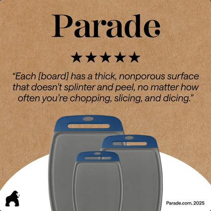 GORILLA GRIP BPA-Free Reversible Kitchen Cutting Board Set of 3, US Designed, Nonporous, Juice Grooves Catch Liquid, Slip Resistant Border, Dishwasher Safe, Durable Large Food Chopping Boards, Black