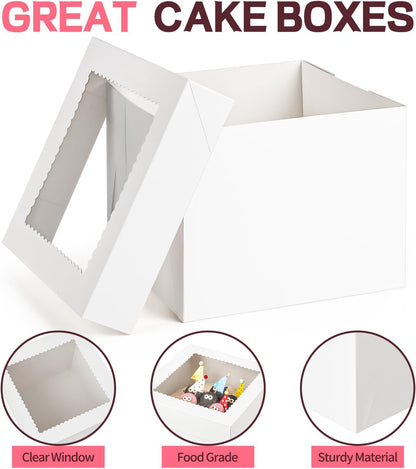 ZORRITA 2 Pack Cake Boxes, 10 x 10 x 8 Inches Tall Cake Boxes with Cake Boards, Disposable Cake Containers with Lids and Window for Wedding, Birthday, Party