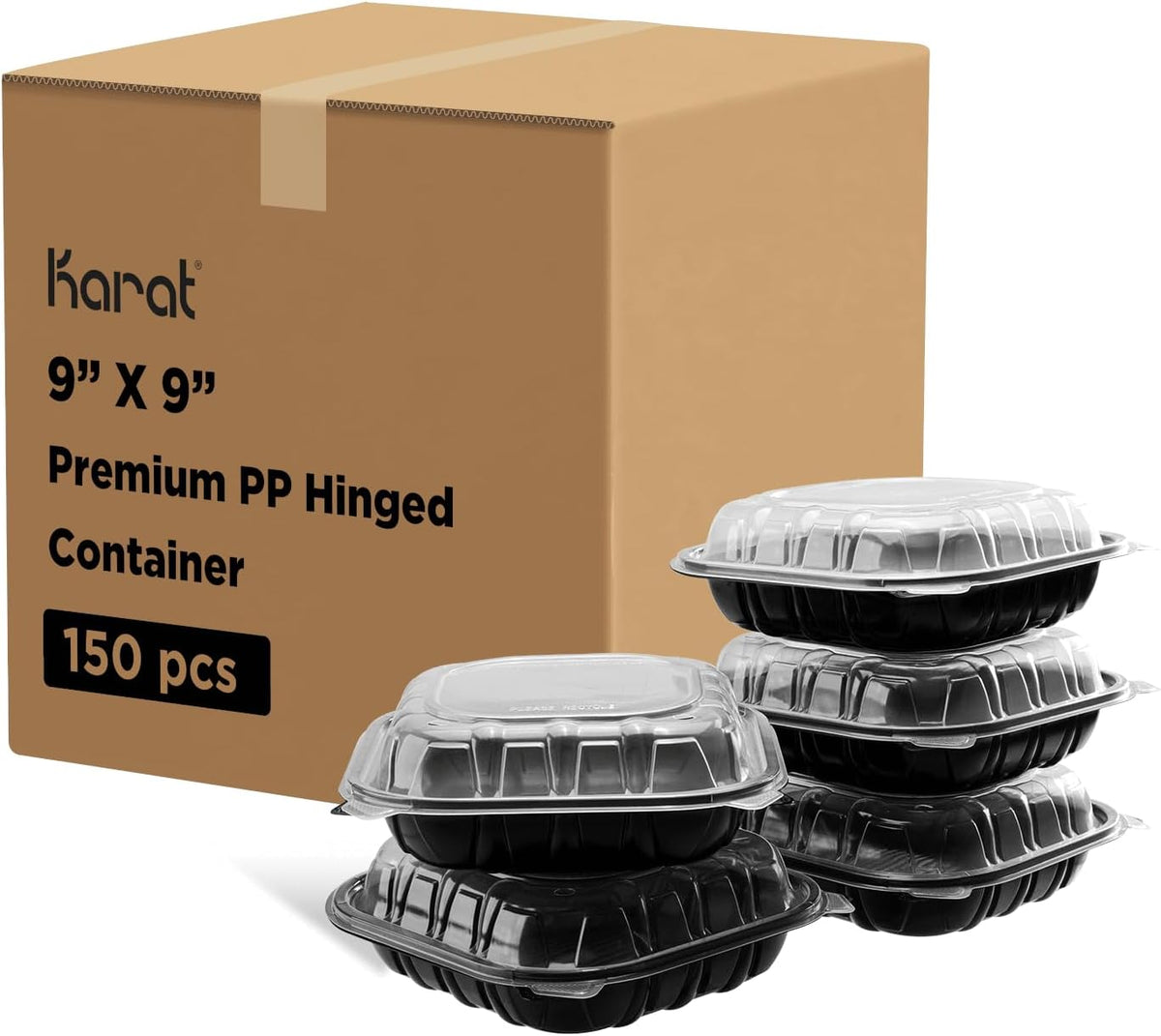 Karat Premium PP Hinged Container [150 ct], Take Out Food Containers - Case (9"x9", 3 compartments)