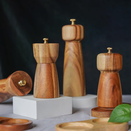Pepper Grinder, Pepper Mill with Adjustable Stainless Steel, Acacia Wood, 14 cm/5 inch Height, Bottom Dia: 6 cm/2.36 inch (Tray is NOT Included)