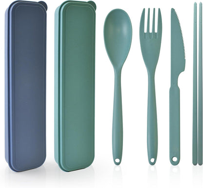 Large Plastic Reusable Utensils Set with Case, Travel Chopsticks Fork Spoon Knife Set for Lunch Box, Portable Cutlery Sets for Travel Camping Daily Use (2 Sets), Blue, Green