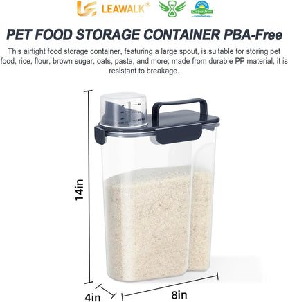 LEAWALK Airtight Rice Storage Container, 3-5Lbs Cereal Dry Food Flour Bin, Pet Dog Cat Food Dispenser with Measuring Cup, BPA Free Plastic Kitchen and Pantry Organization Bin for Sugar-Clear Grey