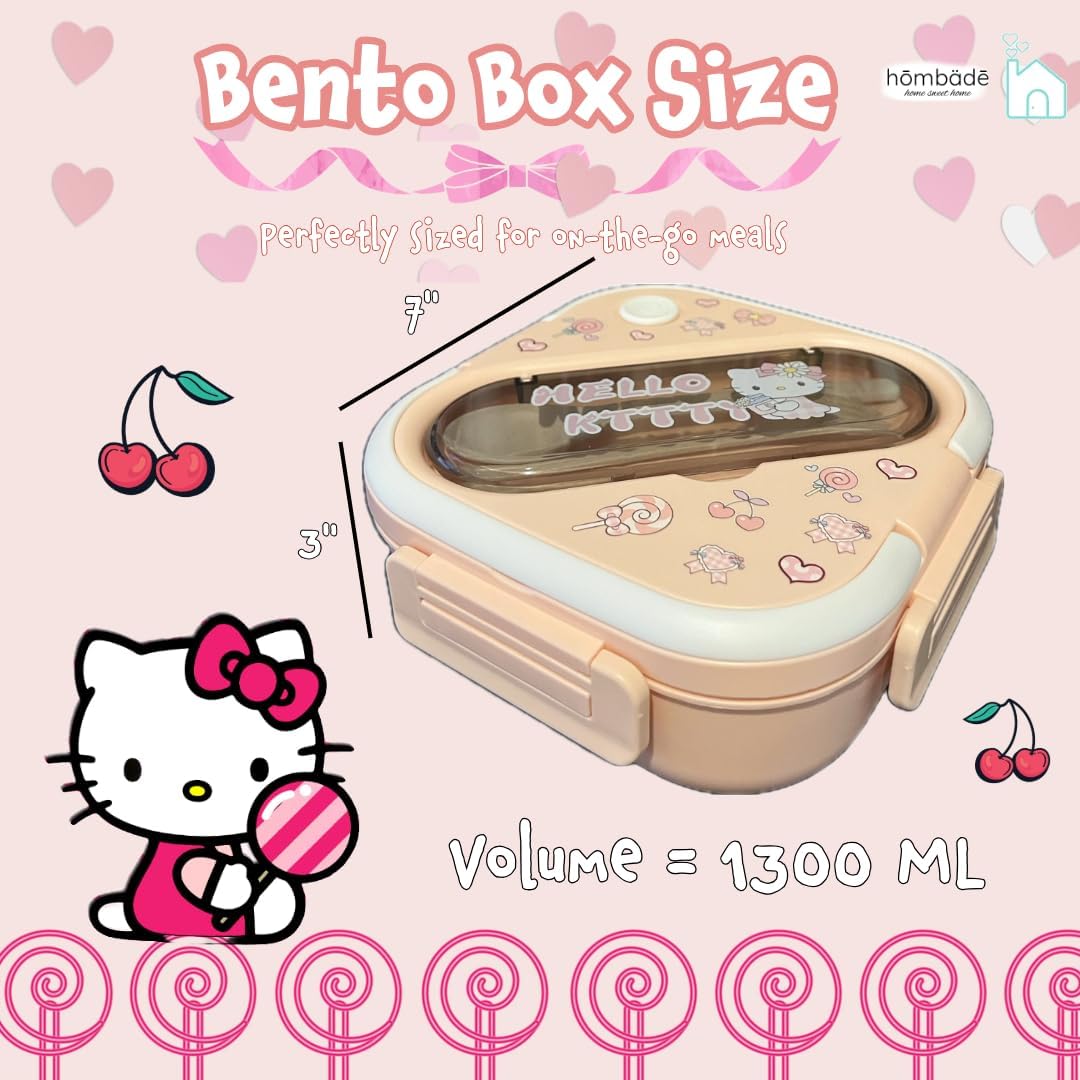 Bento Lunch Box Container Set with 3 Compartments Portable Personal Sealed Plastic Utensils Food Container Cute Kawaii Anime Kitty Bunny Dog (Pink Kitty)
