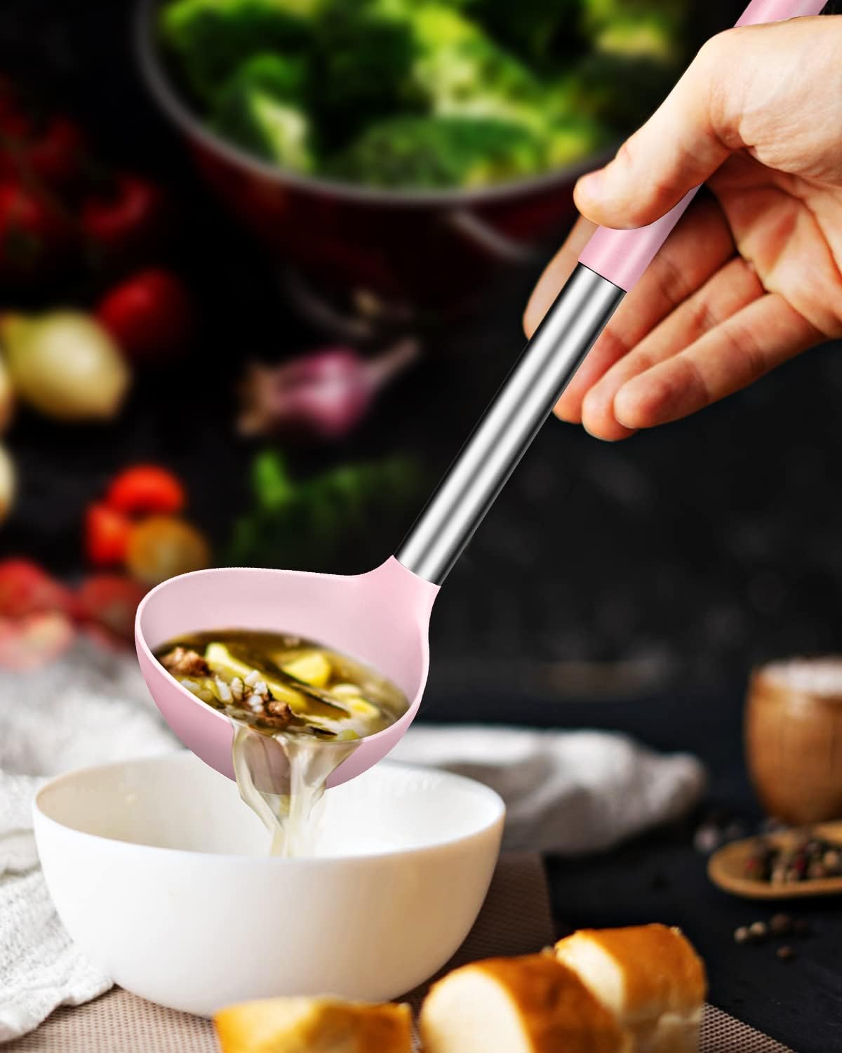 Pack of 2 Ladle Spoon,Silicone Large Spoon for Soup,Non Stick Kitchen Utensils with High Heat Resistant,BPA Free Perfect Kitchen Tools for Cooking, Stirring,Serving Soups (BLACK-WHITE)