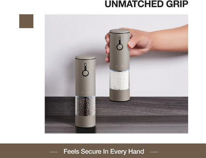 Stainless Steel Rechargeable Electric Salt and Pepper Grinder Set – USB Charging, One-Hand Electric Mill, Adjustable Coarseness, LED Light & Dust Cover –2pack(Greige & Buttercream)