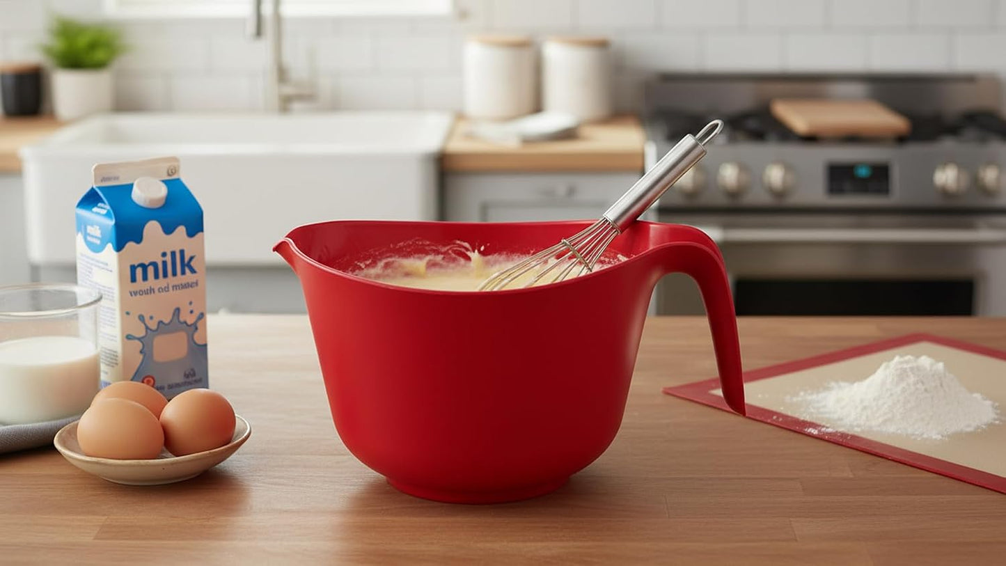 Red Mixing Bowl with Handle and Pour Spout, Large BPA-Free Plastic Batter Bowl, Red, Dishwasher Safe, for Baking, Cooking and Meal Prep