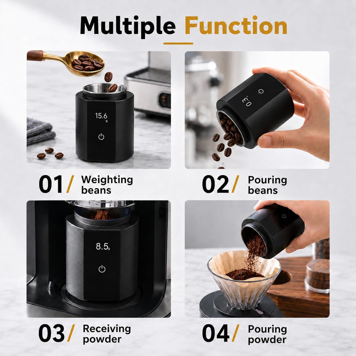 Espresso Scale with Auto Timer, 3‑in‑1 SUS304 Coffee Dosing Cup, 0.1g Precision 300g, USB‑C Rechargeable OLED Display, Portable Shot Scale for Coffee Beans & Ground Powder, Black