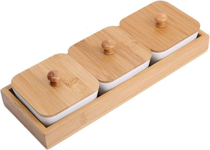 Ceramic Snack Serving Tray Compartment Serving Platter with Lid and Pallets Removable Container Food Storage for Appetizer Condiments Nuts(3 Grid)