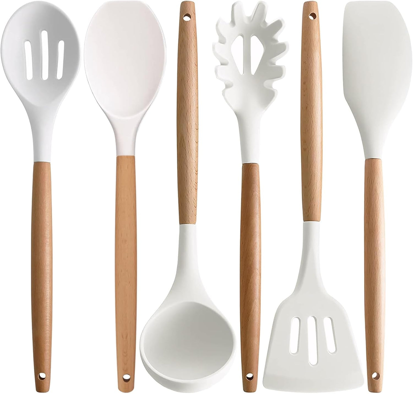 Kitchen Cooking Utensils Set, 6Pcs Silicone Kitchen Utensils Set Spatula Spoon Soup Ladle Turner, Heat Resistant Wooden Handle Silicone Cooking Gadgets for Nonstick Cookware & Baking BPA FREE
