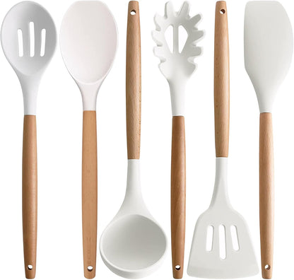 Kitchen Cooking Utensils Set, 6Pcs Silicone Kitchen Utensils Set Spatula Spoon Soup Ladle Turner, Heat Resistant Wooden Handle Silicone Cooking Gadgets for Nonstick Cookware & Baking BPA FREE