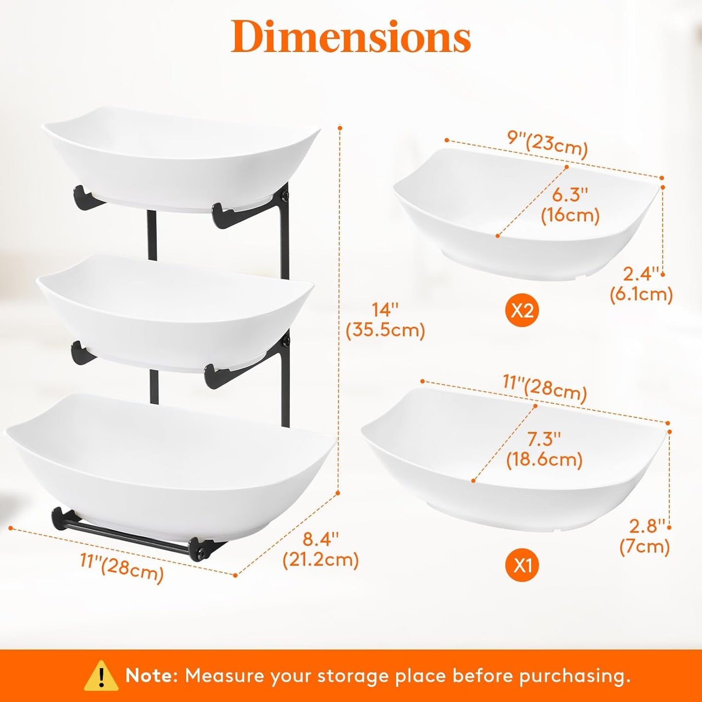 Lifewit Plastic Fruit Bowl for Kitchen Counter, 3 Tier Fruit Basket with Gold Metal Stand, Tiered Fruit Holder for Countertop Serving Tray for Vegetable/Dessert in Party 28 x 21 x 35cm/11 x 8.4 x 14