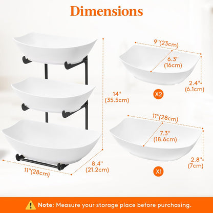 Lifewit Plastic Fruit Bowl for Kitchen Counter, 3 Tier Fruit Basket with Gold Metal Stand, Tiered Fruit Holder for Countertop Serving Tray for Vegetable/Dessert in Party 28 x 21 x 35cm/11 x 8.4 x 14