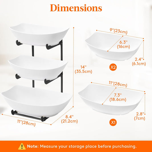 Lifewit Plastic Fruit Bowl for Kitchen Counter, 3 Tier Fruit Basket with Gold Metal Stand, Tiered Fruit Holder for Countertop Serving Tray for Vegetable/Dessert in Party 28 x 21 x 35cm/11 x 8.4 x 14