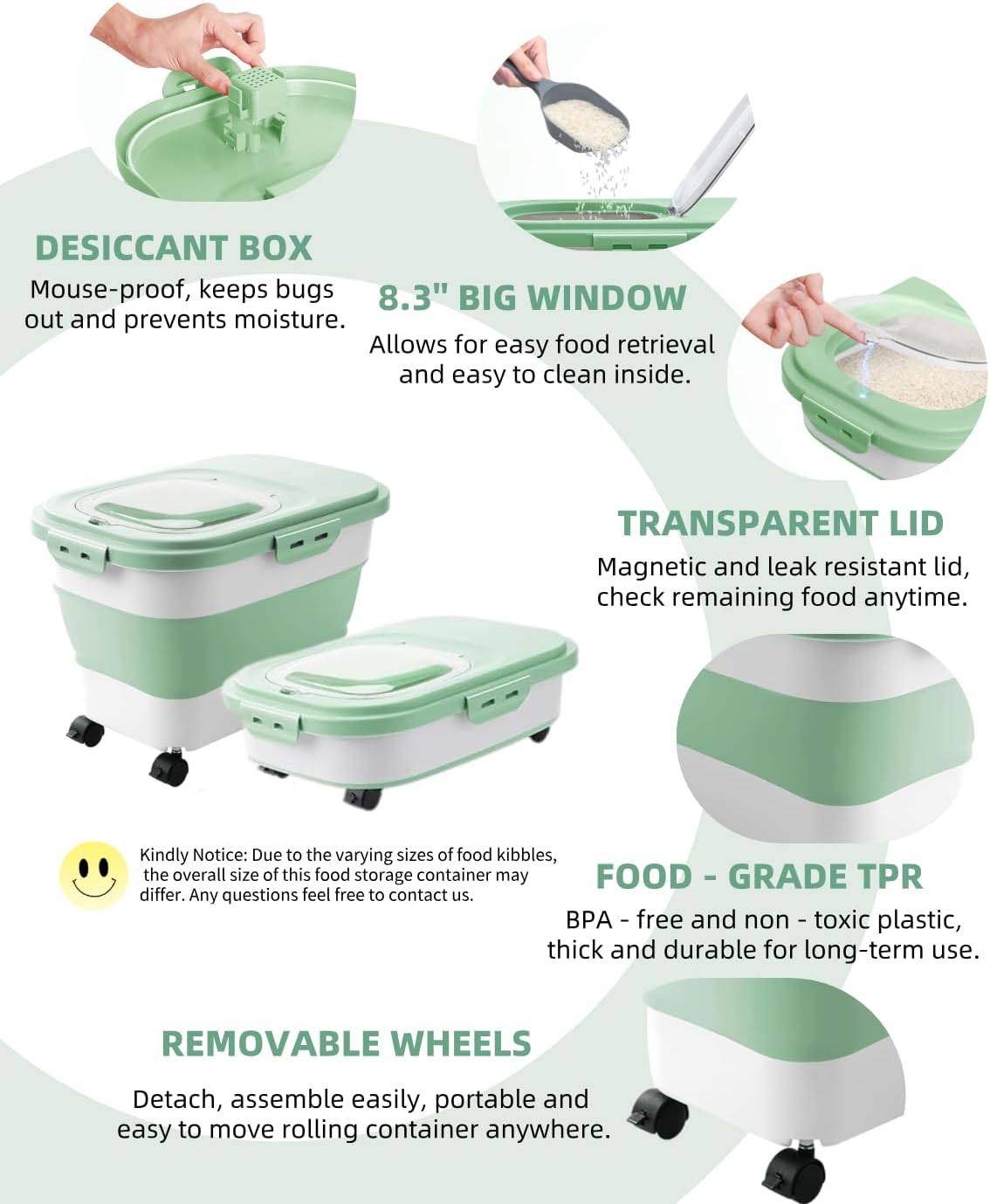 20-30 Lbs Rice Storage Container,Collapsible Food Storage Containers with Rolling Wheel Airtight Locking Lid,Flour Storage Container with Cup and Scoop,Suitable for Food,Rice,Pet Food,Flour