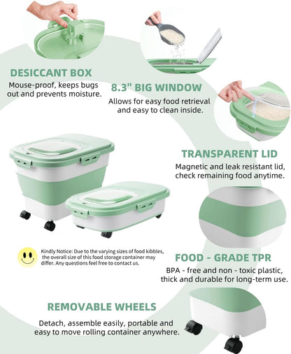 20-30 Lbs Rice Storage Container,Collapsible Food Storage Containers with Rolling Wheel Airtight Locking Lid,Flour Storage Container with Cup and Scoop,Suitable for Food,Rice,Pet Food,Flour