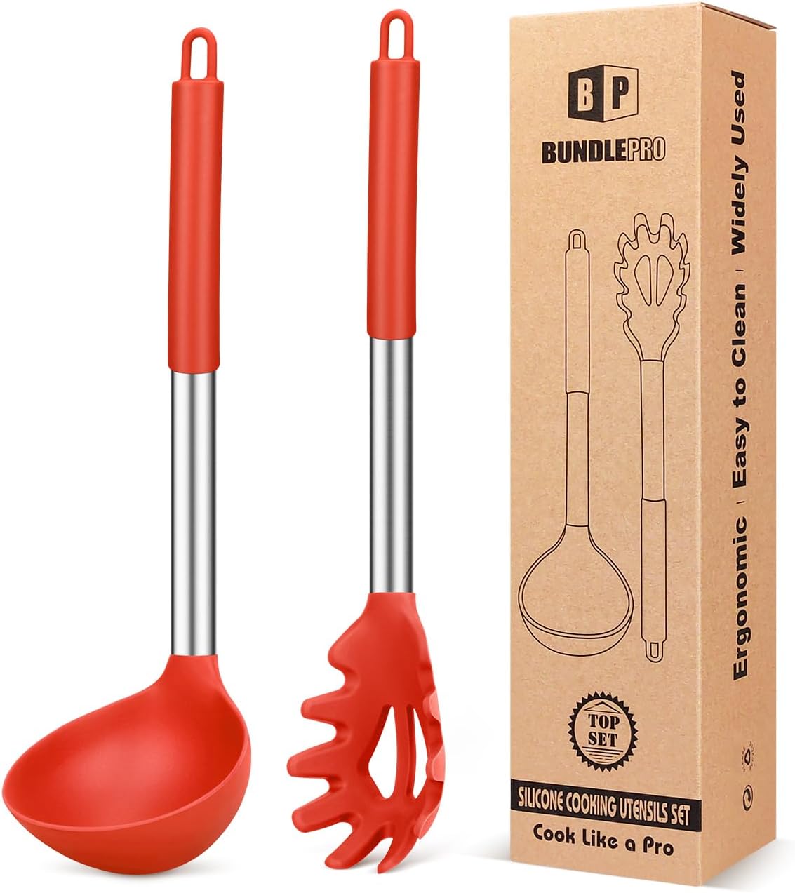BUNDLEPRO Silicone Soup Ladle and Pasta Spoon Set, 2 Pack, Gray