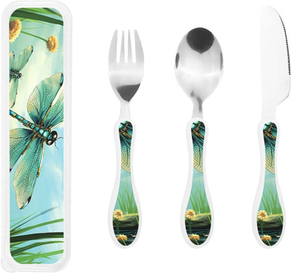 3-Piece Kids Silverware Set With Storage Case, Stainless Steel Reusable Children Safe Knife Spoon Fork Set Beach House Children Flatware Set For Kids Lunch Box
