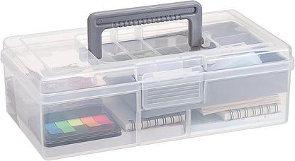 JUXYES Clear Art Craft Supply Storage Bin Sewing Box With Handle Lid | Clear Stackable Latching Craft Storage Bin for School Office, Organizing Stationery, Sewing, Art Craft, DIY Supplies
