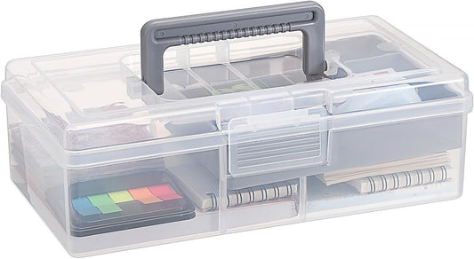 JUXYES Clear Art Craft Supply Storage Bin Sewing Box With Handle Lid | Clear Stackable Latching Craft Storage Bin for School Office, Organizing Stationery, Sewing, Art Craft, DIY Supplies