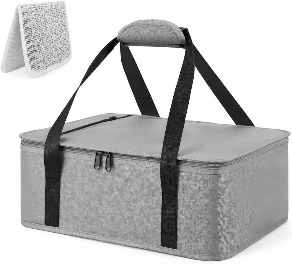Insulated Resuable Casserole Carrier Bag for Hot or Cold Food, Foldable Portable Prep Carrier, Thermal Food Transport Bag for 9''x13'' & 11''x15'' Baking Pan, Travel Picnic Cake Dessert lunch, Black