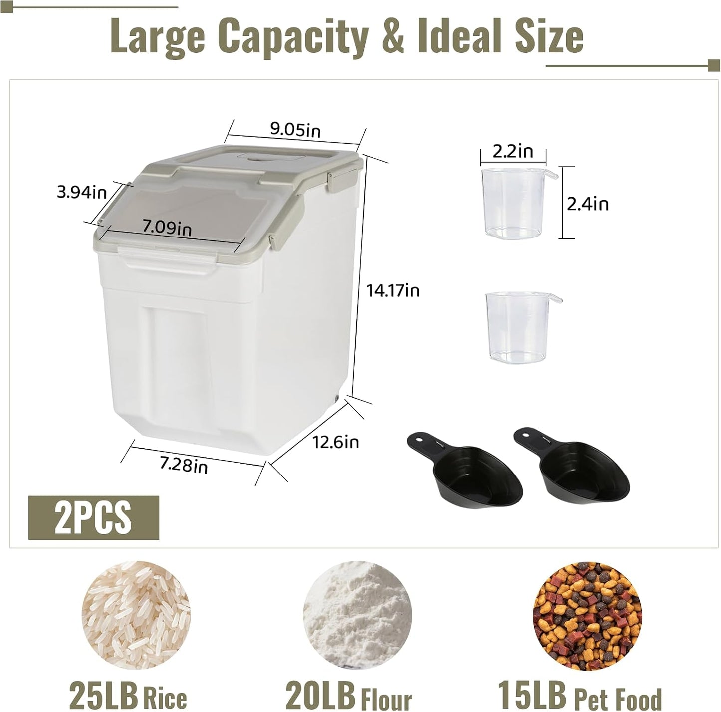 4 Pack Rice Container 25 lbs Large Bulk Flour Sugar Storage Holdhouse Plastic Grain Cereal Dry Goods Bin with Spoon and Measuring Cup for Kitchen Pantry Organization - Green