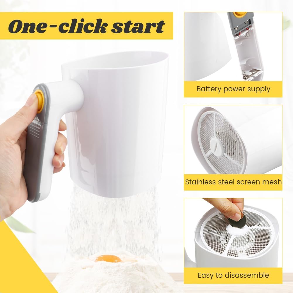 Electric Flour Sifter 32Oz with Dough Scraper, Fine Mesh Baking Sieve