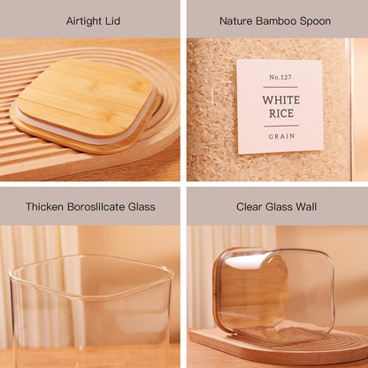 CZZGSM 2 Pack Square Glass Flour and Sugar Containers with 132 Kitchen Pantry Labels - Thicken 149 FL OZ Large Glass Storage Jars with Airtight Bamboo Lid - Big Food Canisters for Rice, Pasta, Cookie