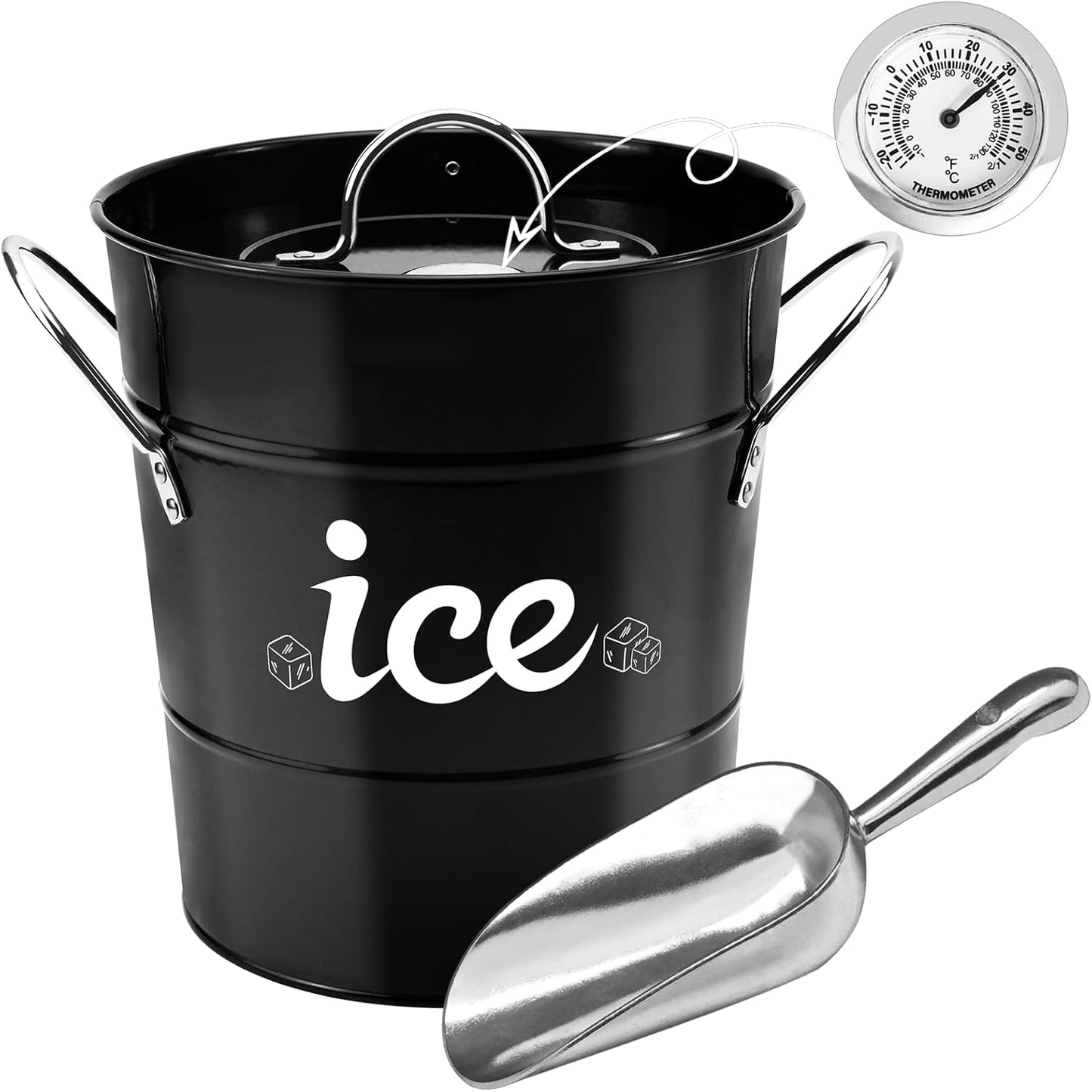 Double Wall Ice Bucket with Thermometer, Metal Wine Chiller Bucket with Lid & Scoop - for Champagne, Wine, Cocktails and Parties, Large Insulated Ice Holder - Perfect for Home & Outdoor Use,Red