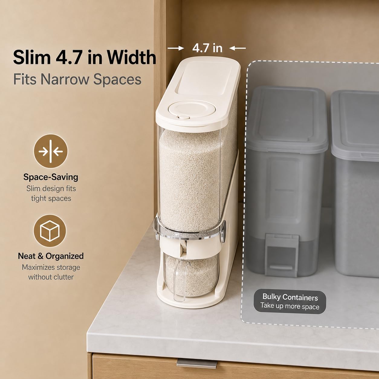 Rice Dispenser 11 Lb, Slim Rice Storage Container with Double Sealing Strip, Press to Dispense Cereal Container Airtight for Kitchen Pantry Organization, (Ivory White-11lb)