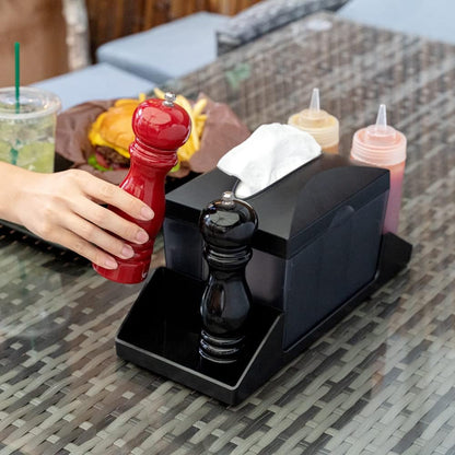 Restaurantware Bar Lux 7.9 Inch x 5.5 Inch Napkin Holder 1 3-Compartment Condiment Caddy - Rectangle Tabletop Black Plastic Napkin Caddy Refillable Easy Access