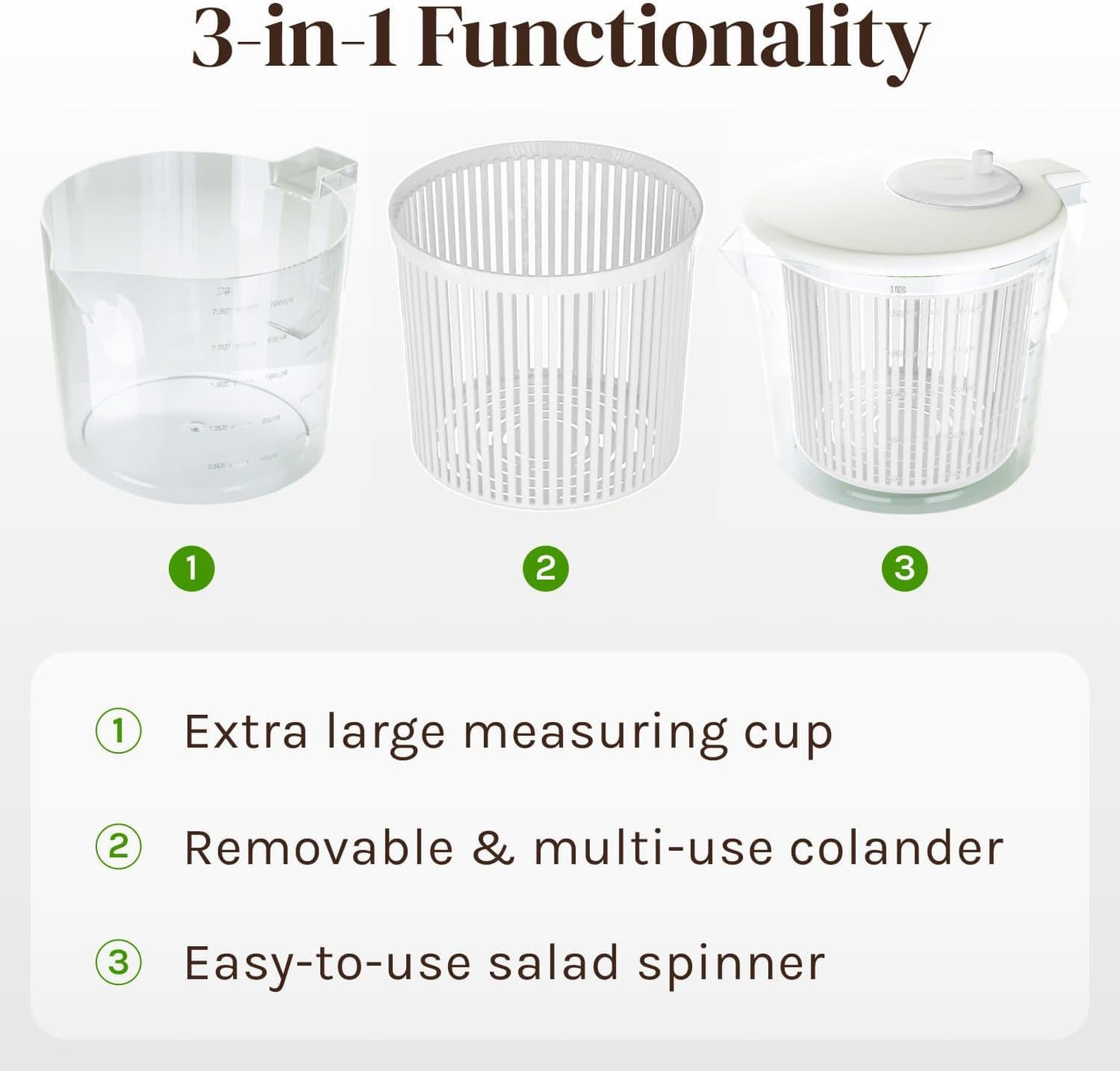 Cooler Kitchen Small Salad Spinner — Mini Lettuce Spinner and Dryer with Measuring Cup Bowl — Compact Veggie & Fruit Washer, Salad Dryer Spinner — Dishwasher Safe, BPA-Free