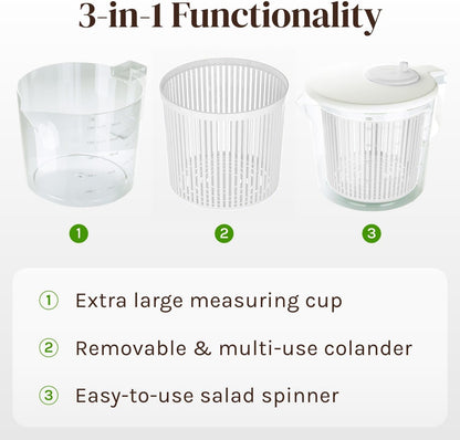 Cooler Kitchen Small Salad Spinner — Mini Lettuce Spinner and Dryer with Measuring Cup Bowl — Compact Veggie & Fruit Washer, Salad Dryer Spinner — Dishwasher Safe, BPA-Free
