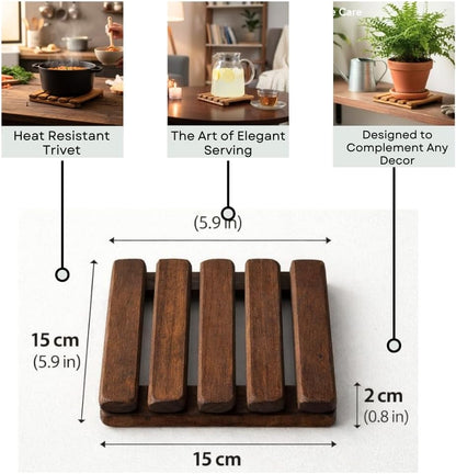 Wooden Trivet – Trivets for Hot Pots and Pans, Heat Resistant Solid Acacia Wood, Durable Kitchen & Table Protector, Premium Handmade – LO-MAS [5.9 × 5.9 in]