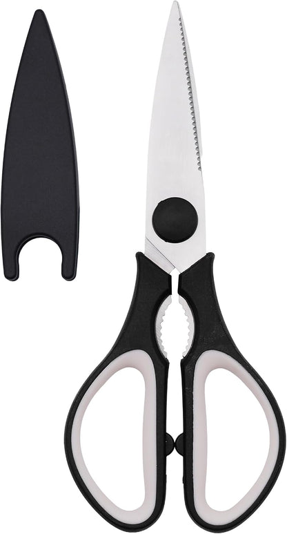 Grip Multi-Purpose Stainless Steel Kitchen Scissors - Non-Slip TPR Grip - Serrated Blade - Cuts Meat, Vegetables, Fish, Poultry, Fruits, Pizza - Nut cracker/Bottle opener - Dishwasher Safe (Blk/Grey)