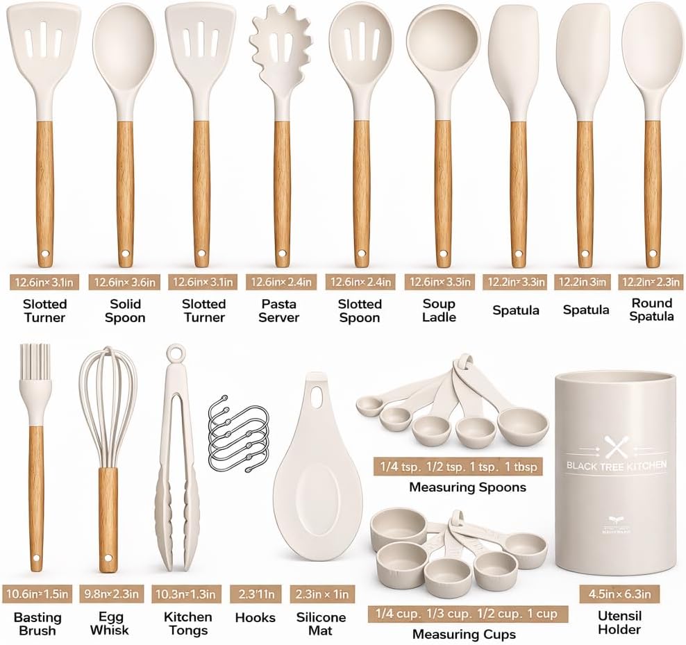 33-Piece Silicone Kitchen Cooking Utensils Set with Holder| Heat-Resistant | Non-Stick Cooking Utensils with Wooden Handles – BPA-Free Cookware Utensils set | Kitchen Tools Great for Gifting (GREEN)