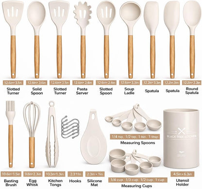 33-Piece Silicone Kitchen Cooking Utensils Set with Holder| Heat-Resistant | Non-Stick Cooking Utensils with Wooden Handles – BPA-Free Cookware Utensils set | Kitchen Tools Great for Gifting (GREEN)
