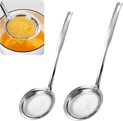 2 Pack Fine Mesh Strainer Stainless Steel Kitchen Sieve - Oil Grease Skimmer Spoon with Long Handle, Small Large Food Strainers for Frying Cooking Soup
