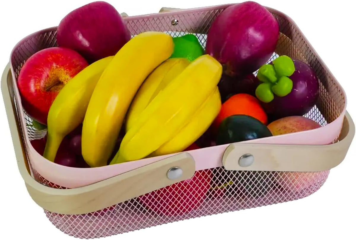 AJIODA Metal Mesh Steel Basket, Storage Organizer Basket Garden Harvest Basket Multi-functional Kitchen Fruit Baskets Bin with Wooden Handle for Bathroom Picnic Shopping Decor Cabinet Home, Pink