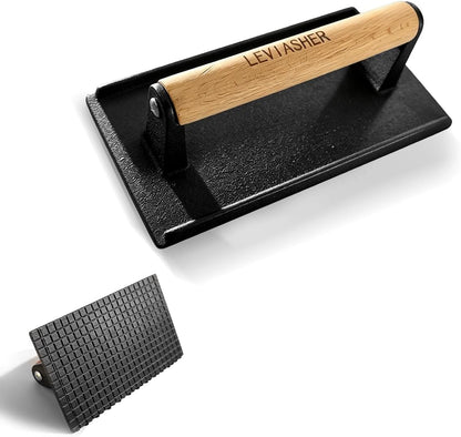 2.1lb Steak Weight & Burger Press, Grid Base, 7"X4" Rectangle Heavy Duty Cast Iron Grill Press with Wood Handle for Blackstone, Chef, Camp, Panini, Vegetable, Bacon, Sandwich, BBQ
