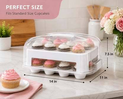 Top Shelf Elements Cupcake Carrier, EXTRA TALL LID, Green Cupcake Holder Carries 24 Standard-Size Cupcakes, Muffin Traveler Two Tier Stand Reusable Cupcake Box