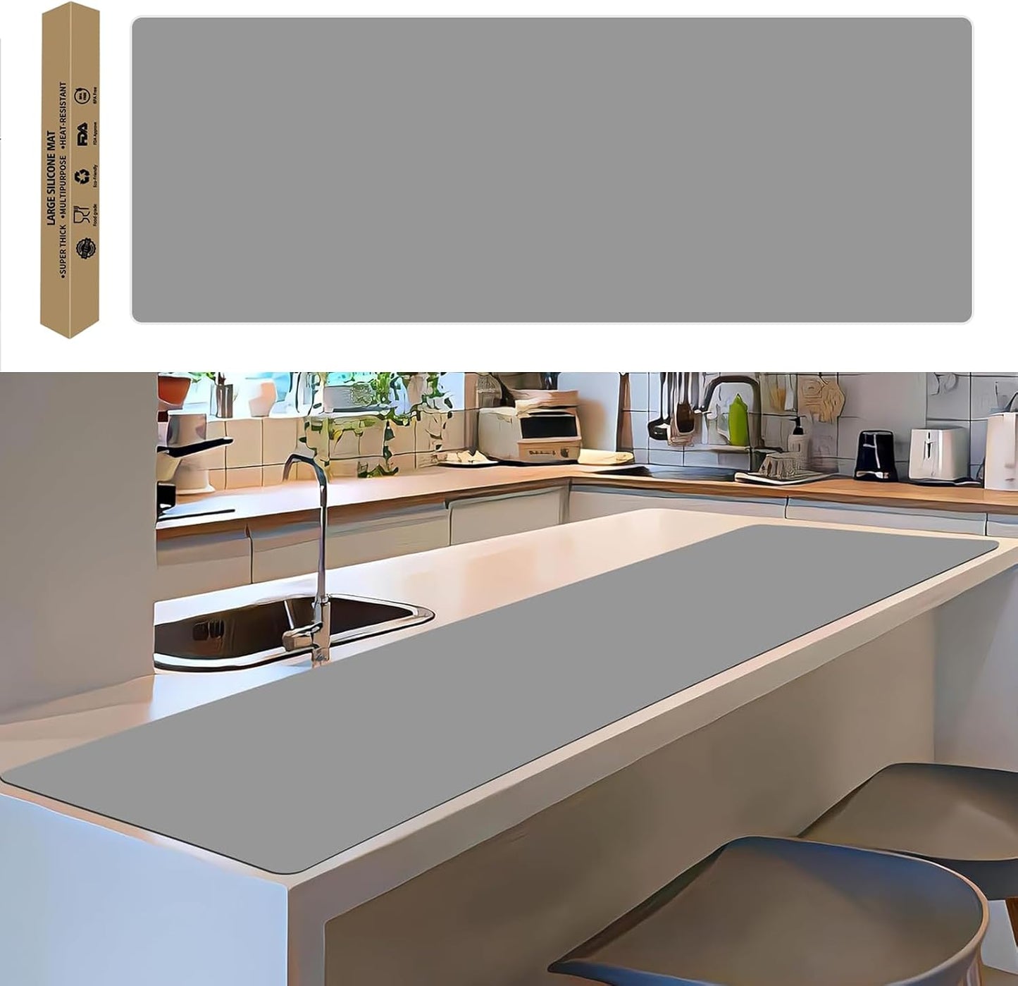 Super Large Silicone Mat, 120"x24" Silicone Mats for Kitchen Counter, Non-slip Heat Resistant Mat,Thicken Kitchen Counter Mat, Waterproof Countertop Protector for Craft (Black)